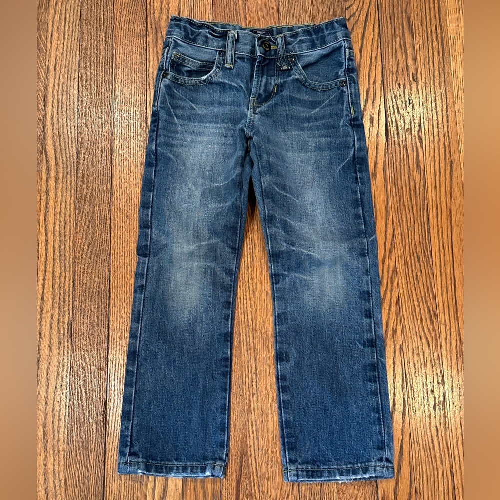 GAP Kids Slim Straight Jeans Medium Blue with Distressed Look Snap-Zip Closure